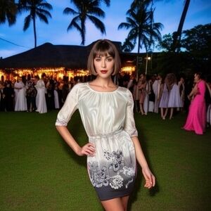 Womens Dress BGN Off White Grey Silver Floral Print Silk Dress Long Sleeve Dress